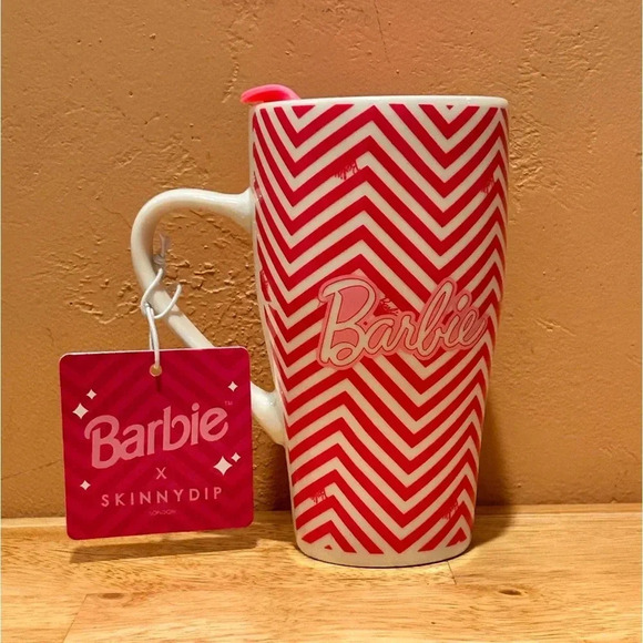 NWTS Pink & White Striped Ceramic Barbie Mug With Lid Made By Skinny Dip London - Picture 1 of 8